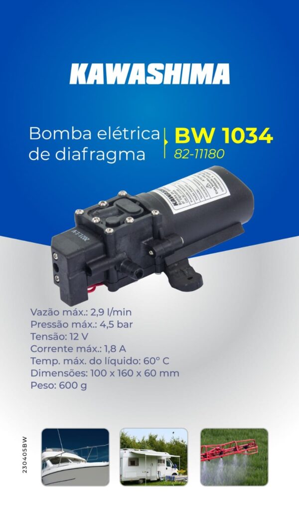Bomba Elétrica de Diafragma 12V 2,9l/min 4,5bar Kawashima - Imagem 2